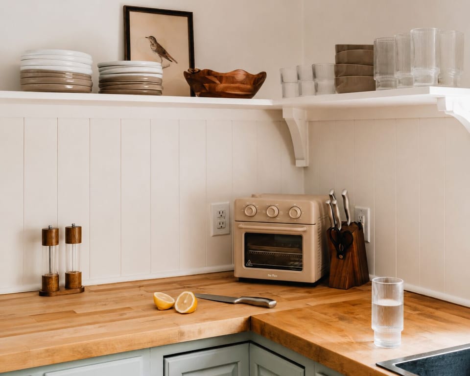 Slice up something fresh on the butcher block counter and toast it in the mini oven. Glasses and plates are stacked and ready on the open shelf above.