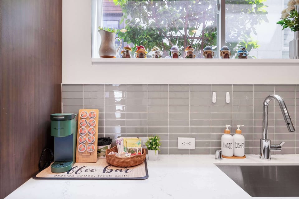 tart your day at this cheerful coffee bar with a Keurig and fresh supplies.