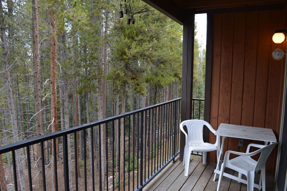 Sip your morning coffee on your private balcony, surrounded by towering pines and peaceful forest views.