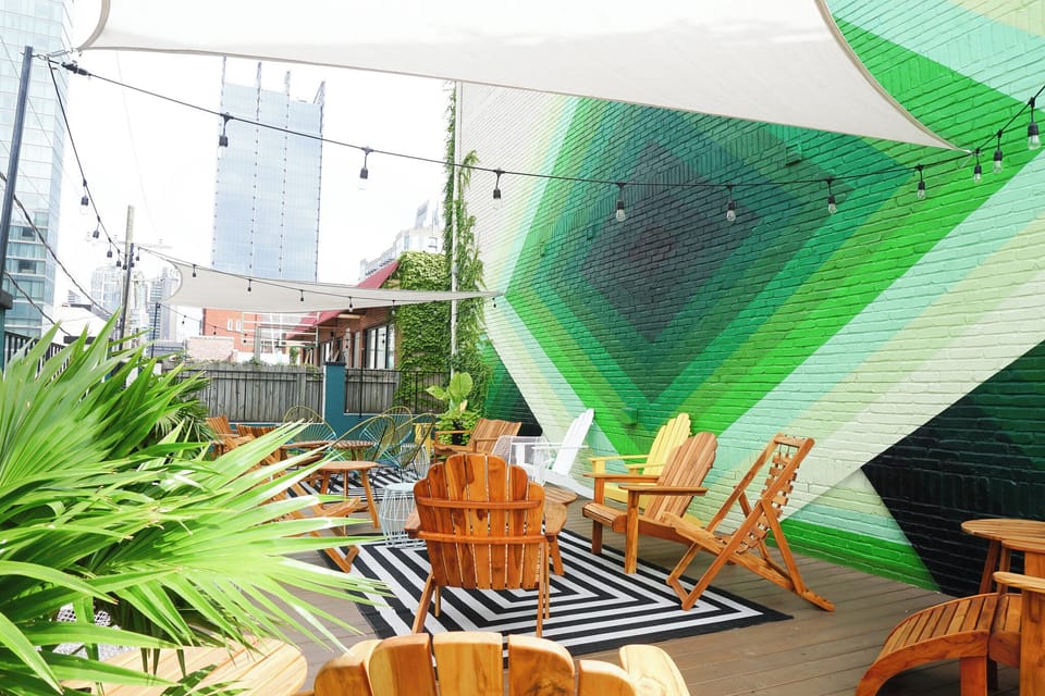 Vibrant lounge spaces and local art.