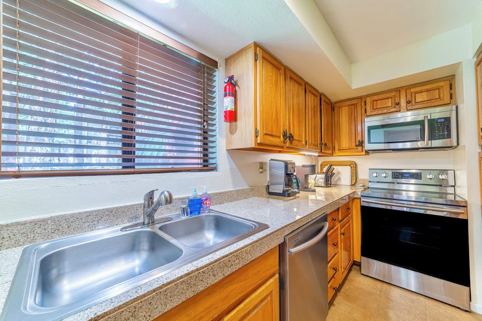 Kitchen comes fully stocked with everything needed to cook a delicious meal. We supply coffee, filters, creamer, sugar, salt, pepper and cooking oil.