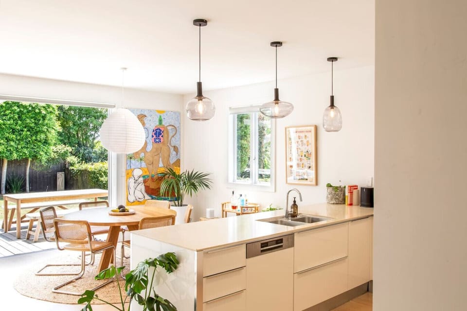 The open plan living, dining and kitchen are the ideal relaxation points after a hard days work, touring or beach going. Whatever the gig, comeback  and refresh in this lovely home!