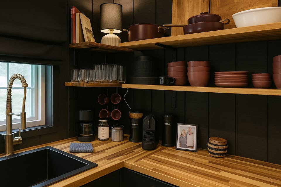 Open shelving, dinnerware, cookware, and a deep sink — everything you need to dine in.