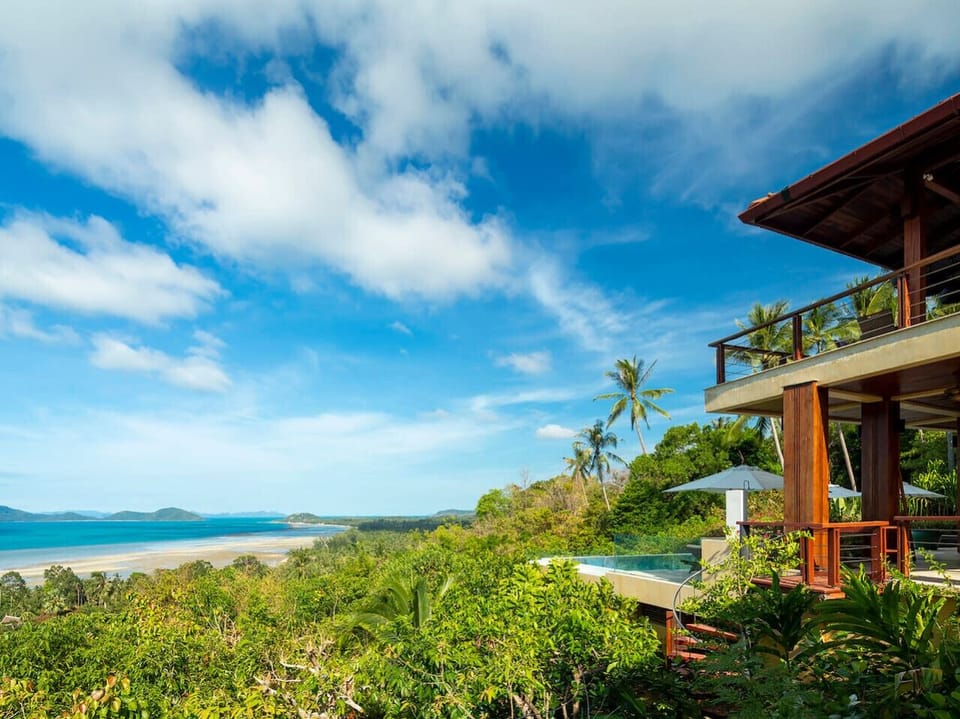 Stunning Villa Soluna hillside architecture with tropical landscape and ocean views - 5-bedroom luxury seaview retreat southern Koh Samui