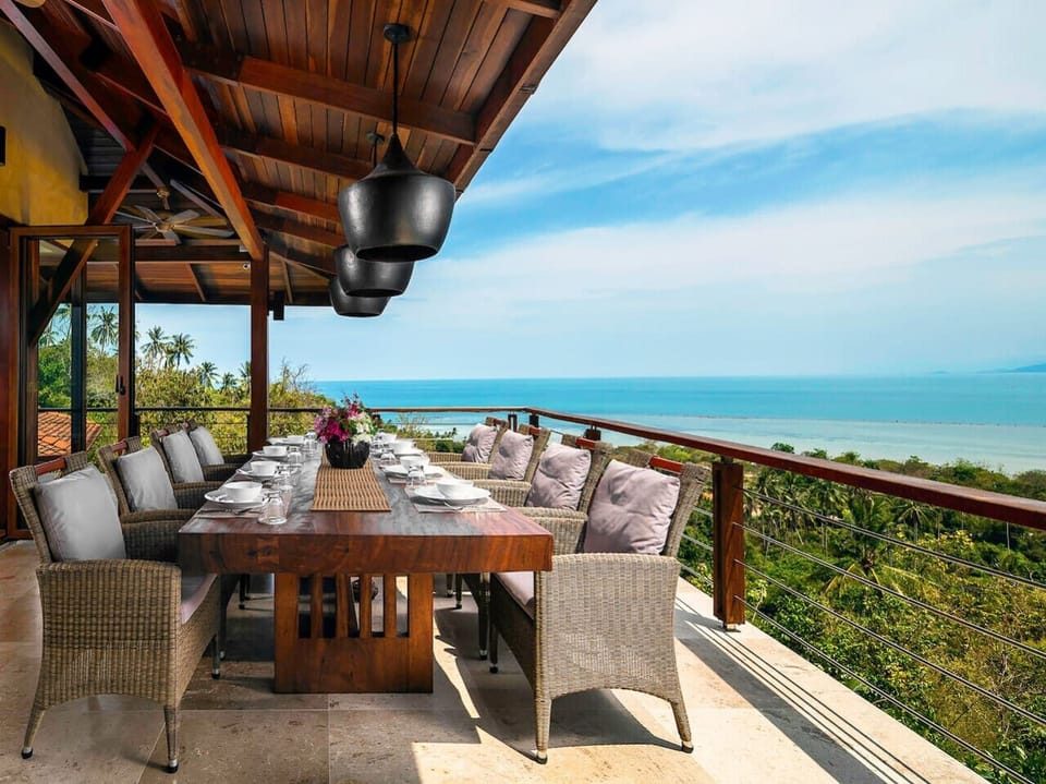 Covered dining terrace with panoramic Gulf of Thailand ocean views - Villa Soluna luxury hillside dining southern Koh Samui