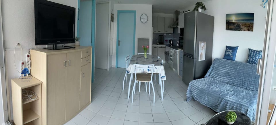 Dining area, living space with convertible sofa and television.
