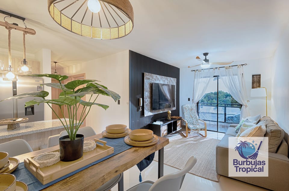 Dining table with a view of the Living Room