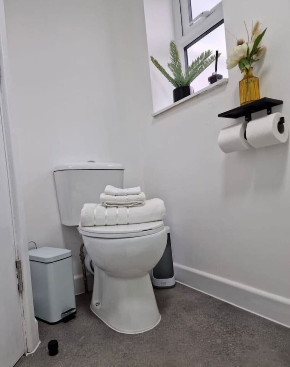 Relax and refresh with a full bathtub, hot shower, fluffy towels, and complimentary essentials like body soap and conditioner. A hair dryer and cleaning products are also provided for your convenience.