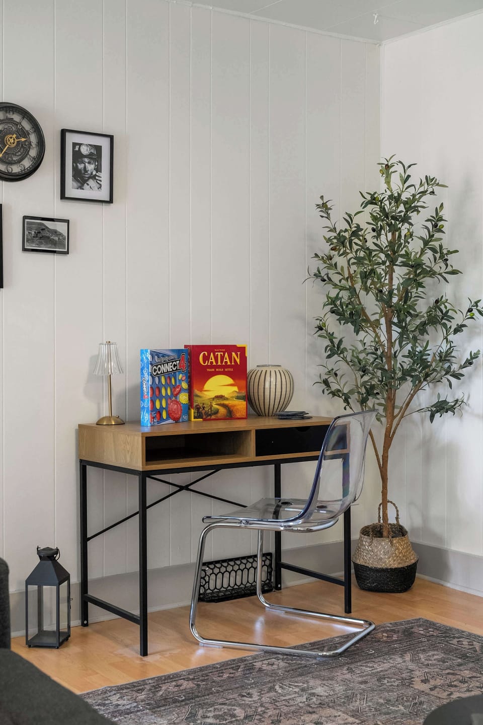 Desk nook with games + decor accents