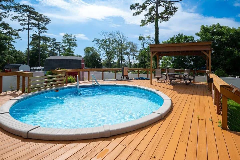 Above ground pool with huge pool deck