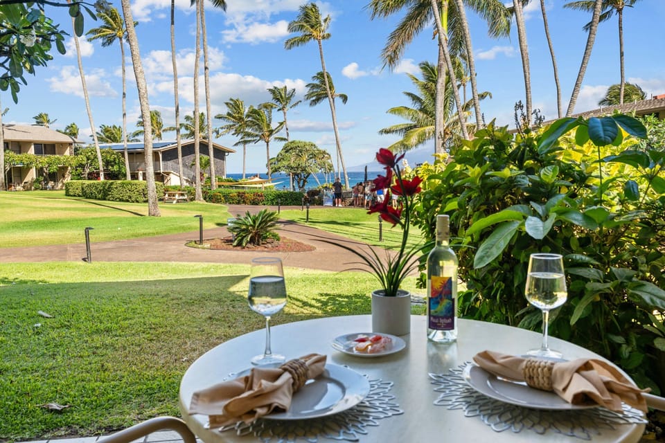 Enjoy sunset drinks with ocean and garden views!