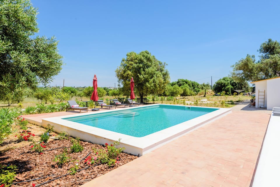 Swimming Pool, Sun Loungers, Umbrellas and Garden