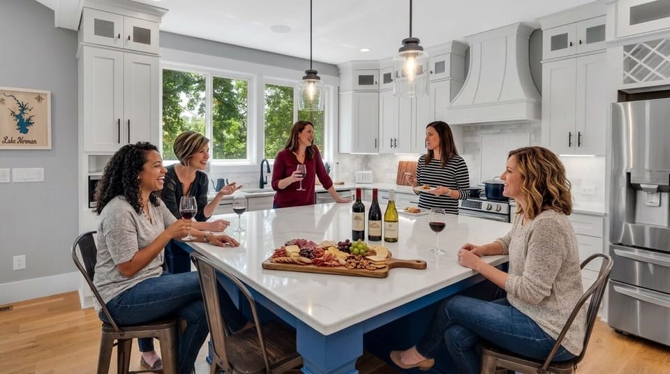 The kitchen is fully stocked with everything that you need for entertaining (toaster, waffle maker, air fryer, mixer) plus coffee & tea center.
