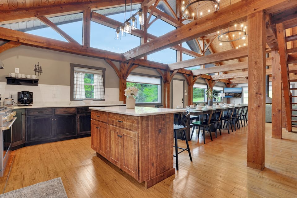 The kitchen island seats 3!