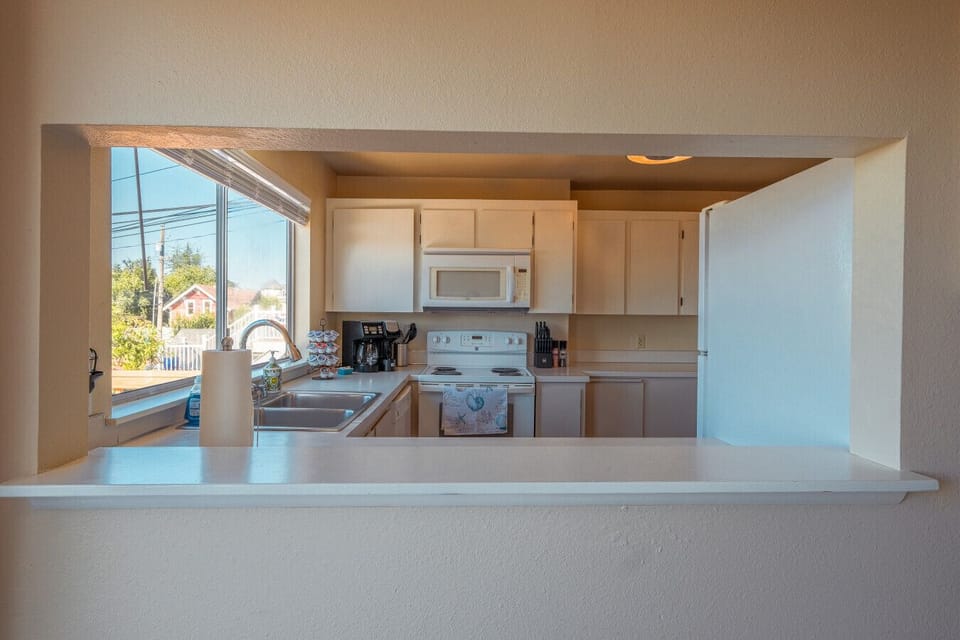 View through the kitchen cutout