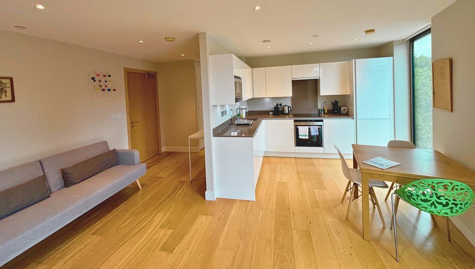 open plan, modern and stylish living/dining area with fully  equipped kitchen corner