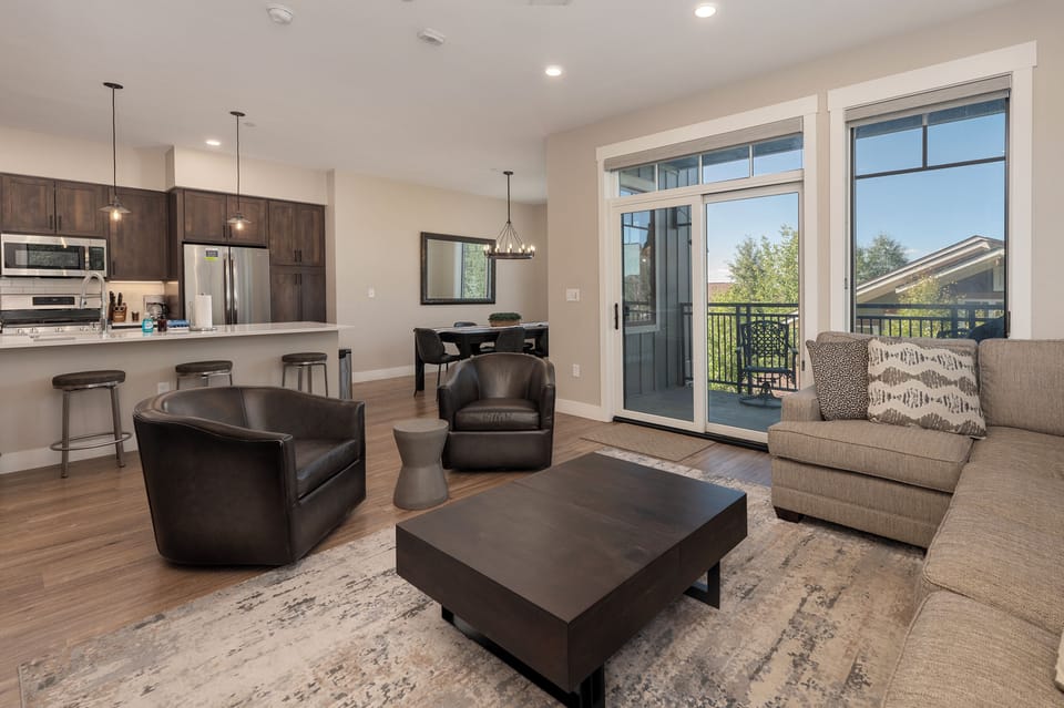 - Seamless flow between living, dining, and kitchen areas with open layout design - Access the outdoor balcony directly from the living room for fresh air moments - Perfect for entertaining or relaxing after your mountain adventures