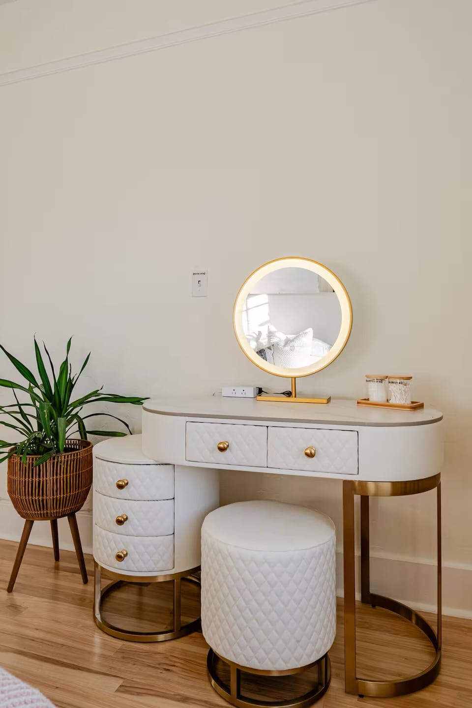 Vanity to dry your hair, do your makeup, black towels for makeup supplied here.