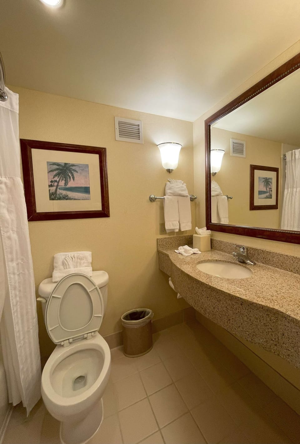 Start your morning easily with a bright vanity and fresh towels.