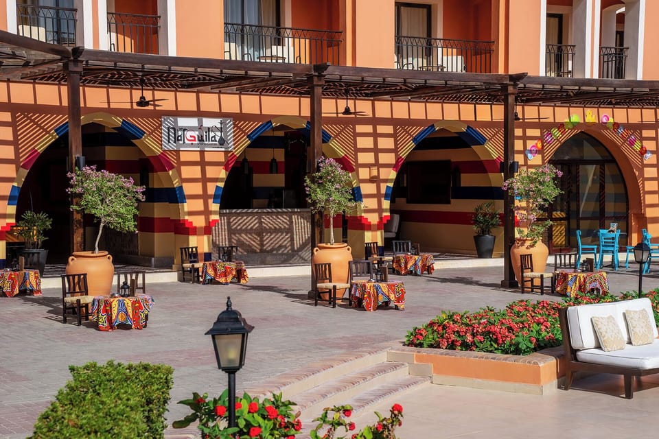 Unwind in vibrant courtyards with shaded seating and gardens.
