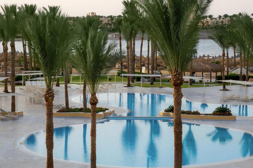 Relax poolside under swaying palms in tranquil blue water.