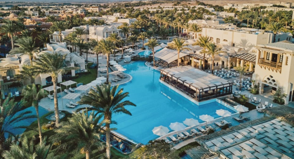 Take in the expansive pool scene framed by palms and cabanas.
