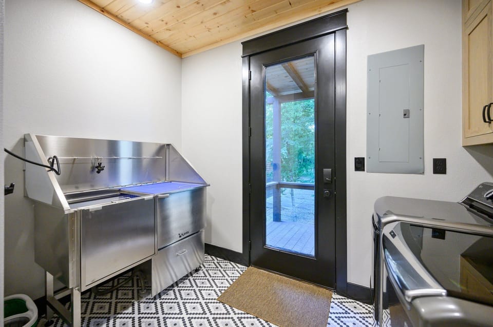 Complete dog washing station in the laundry room.
