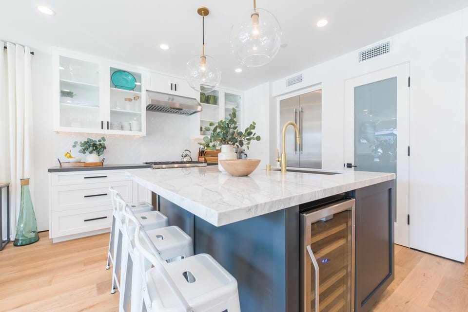 Kitchen is fully-stocked with dishes, cooking, baking and meal prep gear
                