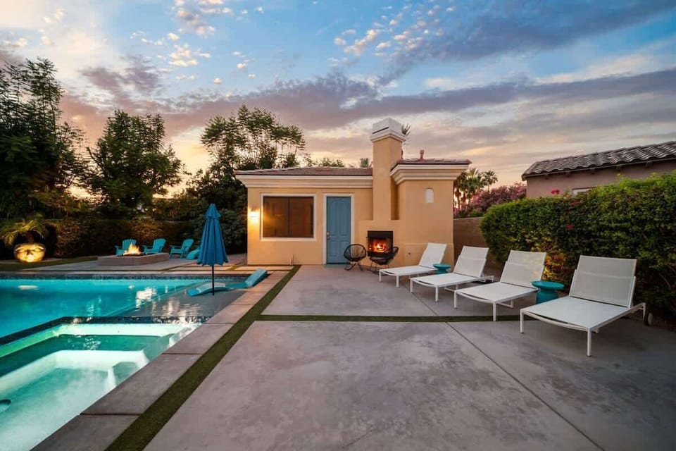 Evenings by the fire, loungers ready — this is outdoor living at its most relaxing.