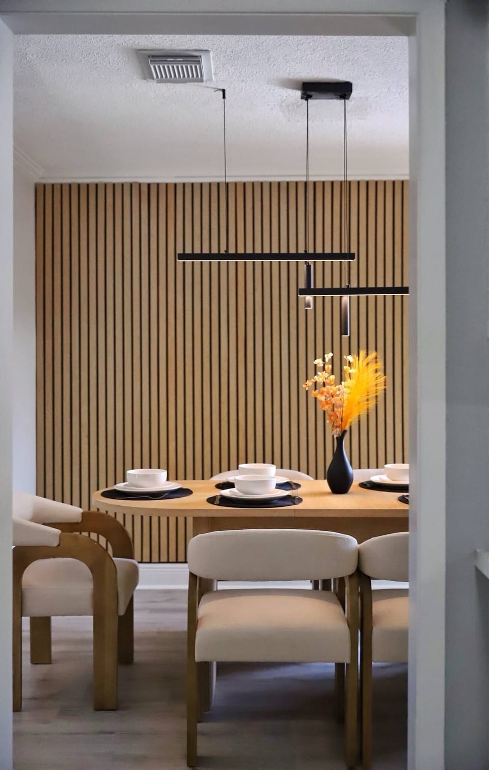 Elegant Dining Room | Modern Wood Accents • Statement Lighting