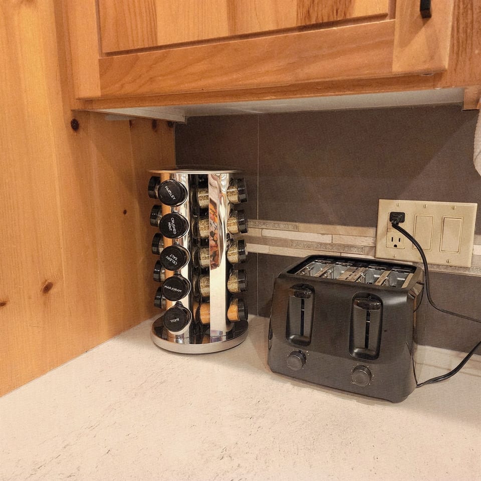 Spice rack and toaster.