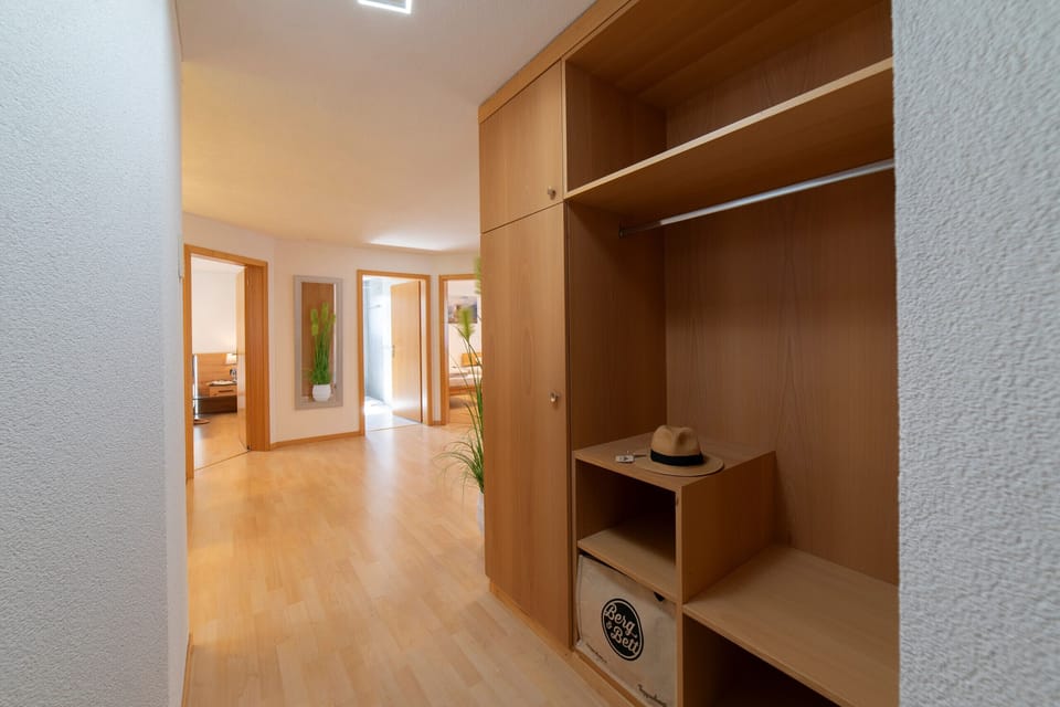 Entrance area with a coat rack and a view into the bright flat