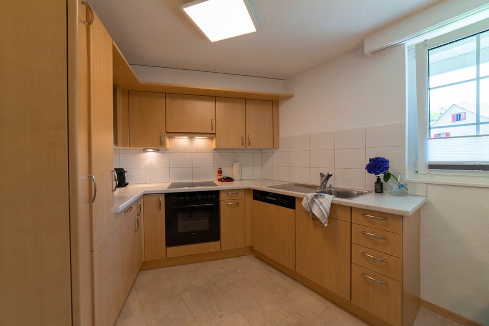 A bright kitchen with wooden cupboard fronts, an oven and a window