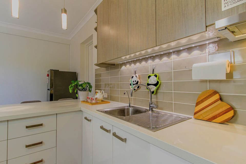 Fridge, cleaning stuff is stored in cabinet
