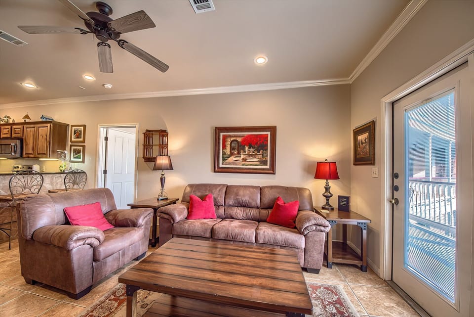 The living room has a sofa sleeper!