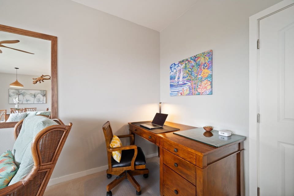 The desk area is perfect for remote work