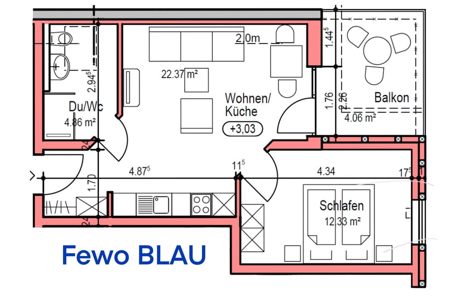 Floor plan of the Blue Apartment.