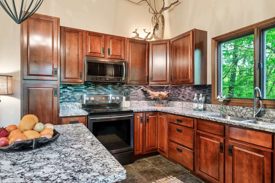 Stainless steel appliances and ample counter space.
