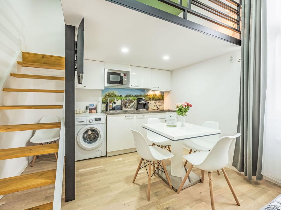 Interior Design, Flooring, Floor, Furniture, Room, Ceiling, Wood Flooring, Kitchen, Apartment, Countertop