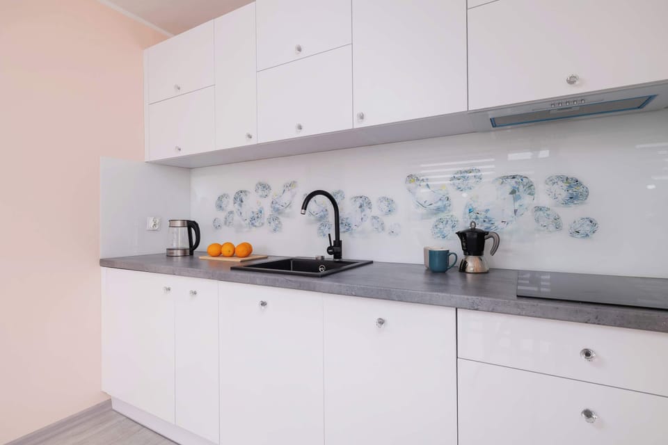 Fully equipped kitchenette with induction hob, electric kettle, refrigerator with freezer and dishwasher.