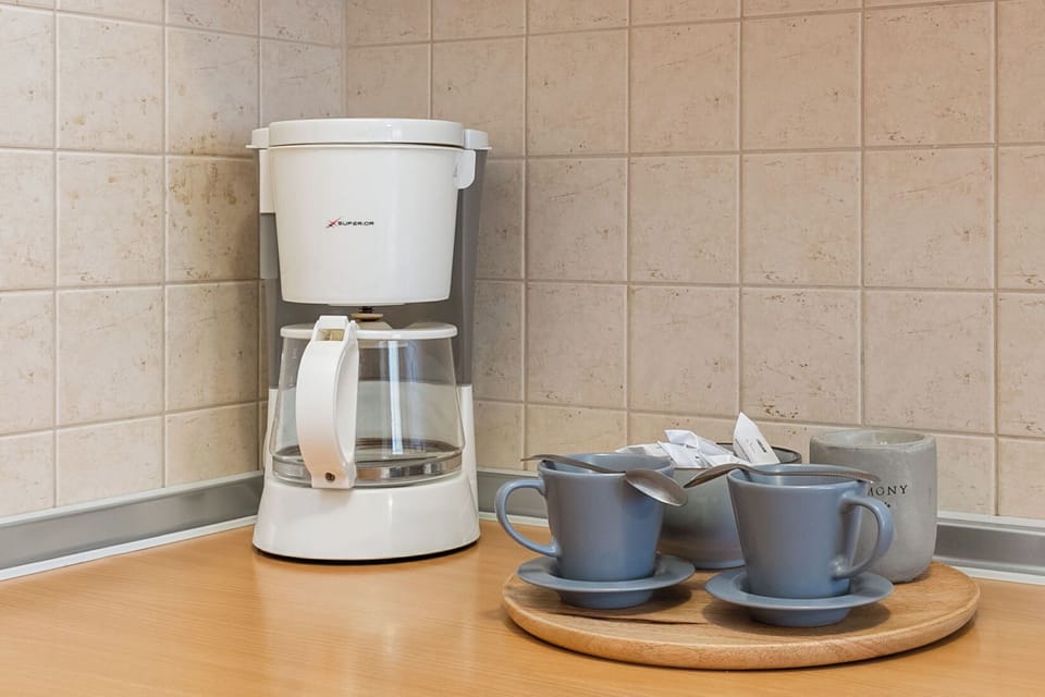 Practically equipped kitchenette with such appliances as coffee machine, fridge, kettle, and toaster.