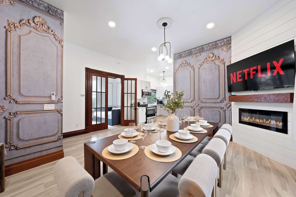 Dining area set for group meals and gatherings
