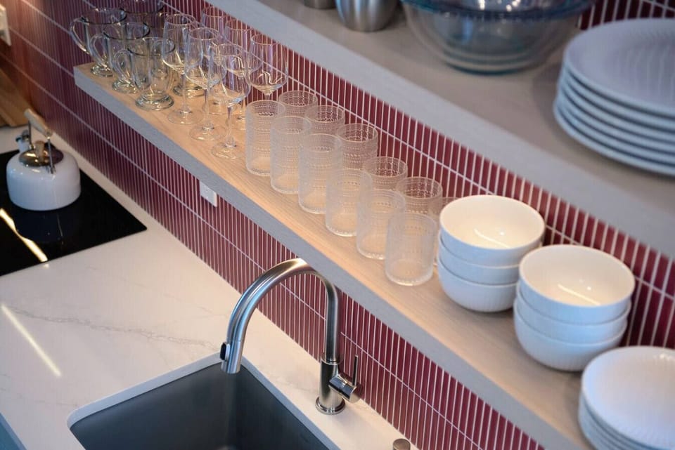 Open shelving with all of the kitchen essentials