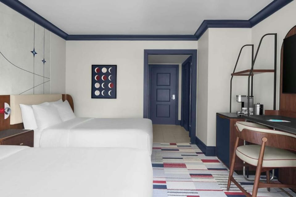 Classic Queen Room with Queen Beds: Two queen beds, patterned carpet, work desk unit &amp; blue trim entryway