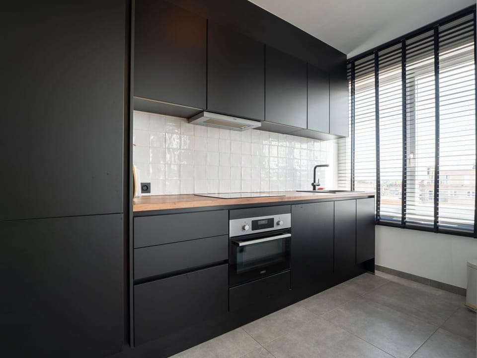 Interior Design, Wood, Cabinetry, Kitchen, Flooring, Countertop, Ceiling, Apartment, Floor, Room