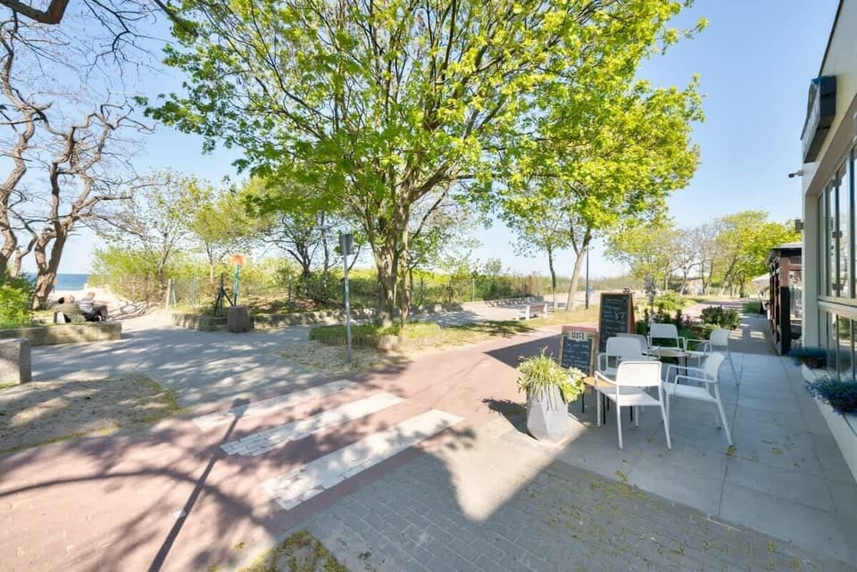 A lovely outdoor view showcasing well-maintained garden spaces. The vibrant plants and clean, organized grounds create a peaceful and inviting environment around the building.