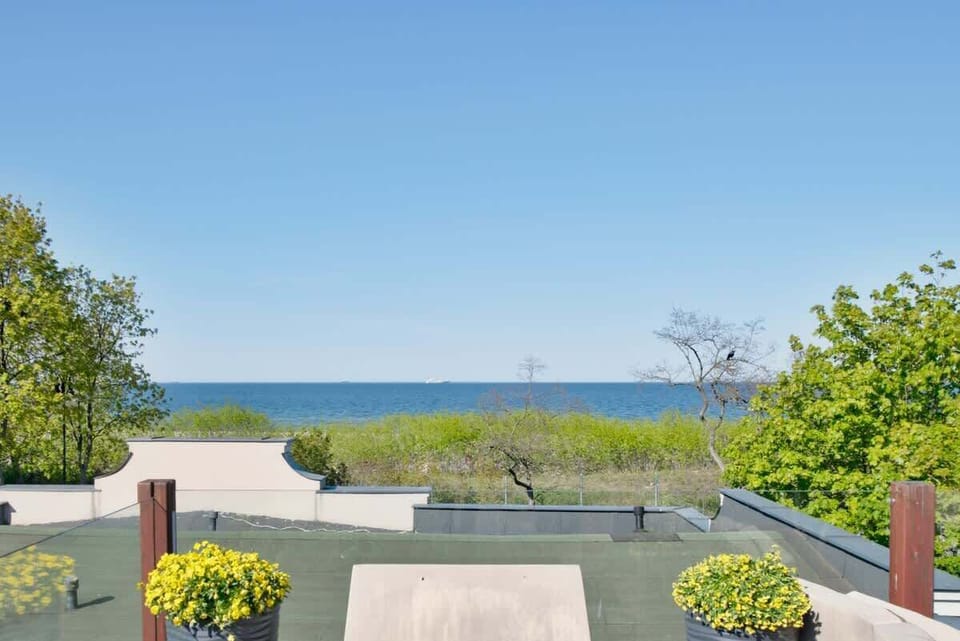 A picturesque rooftop terrace overlooking a vibrant green landscape and the vast blue sea beyond. Potted yellow flowers add a touch of vibrancy to the serene setting.
