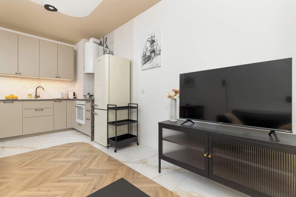 Stylish kitchenette and TV in the living room.