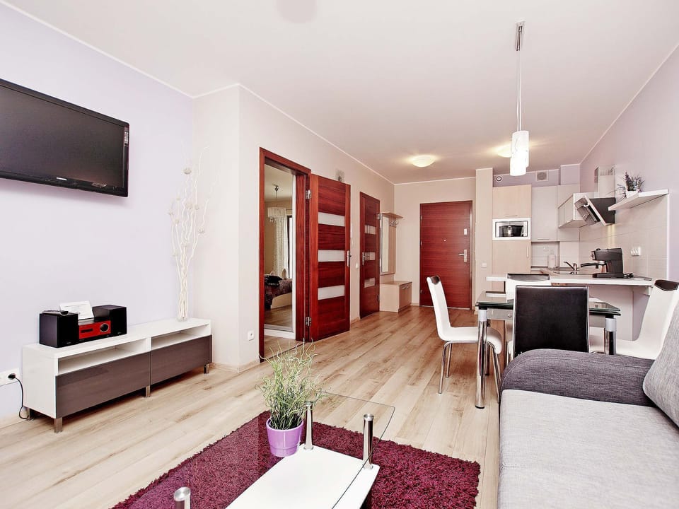 Living room with a sofa bed, TV and kitchenette with dining area.
