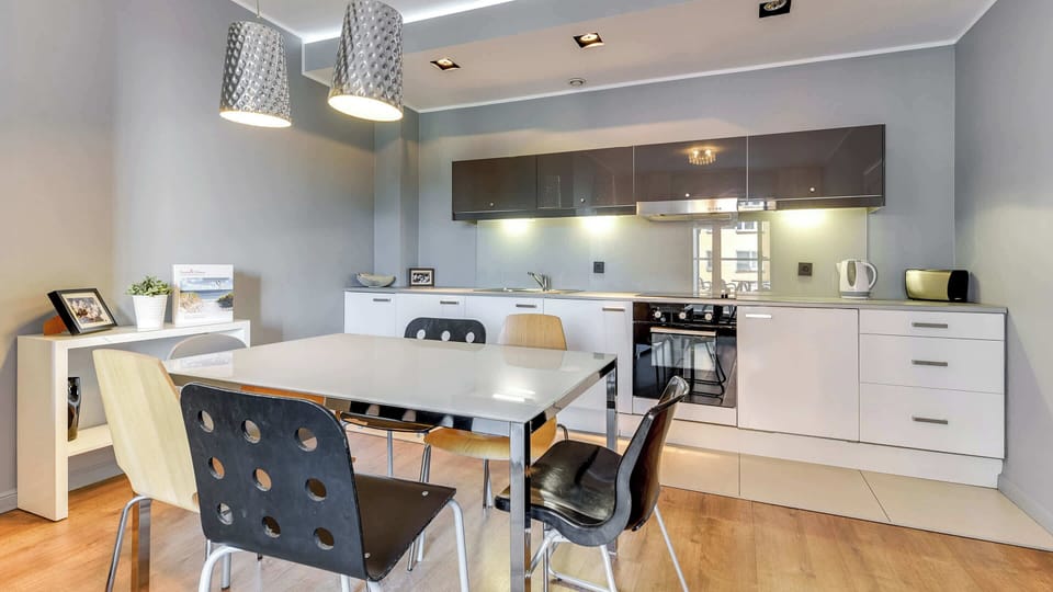 Fully equipped kitchenette with electric cooktop, electric kettle, refrigerator, freezer, oven, toaster, dishwasher, set of dishes, kitchen utensils and table with chairs.